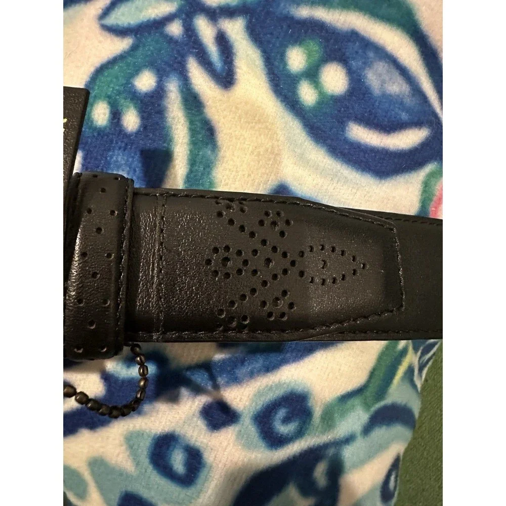 Tasso Elba Genuine Leather BLACK Belt 32 Silver Buckle, Unique Punch Design - Picture 3 of 9